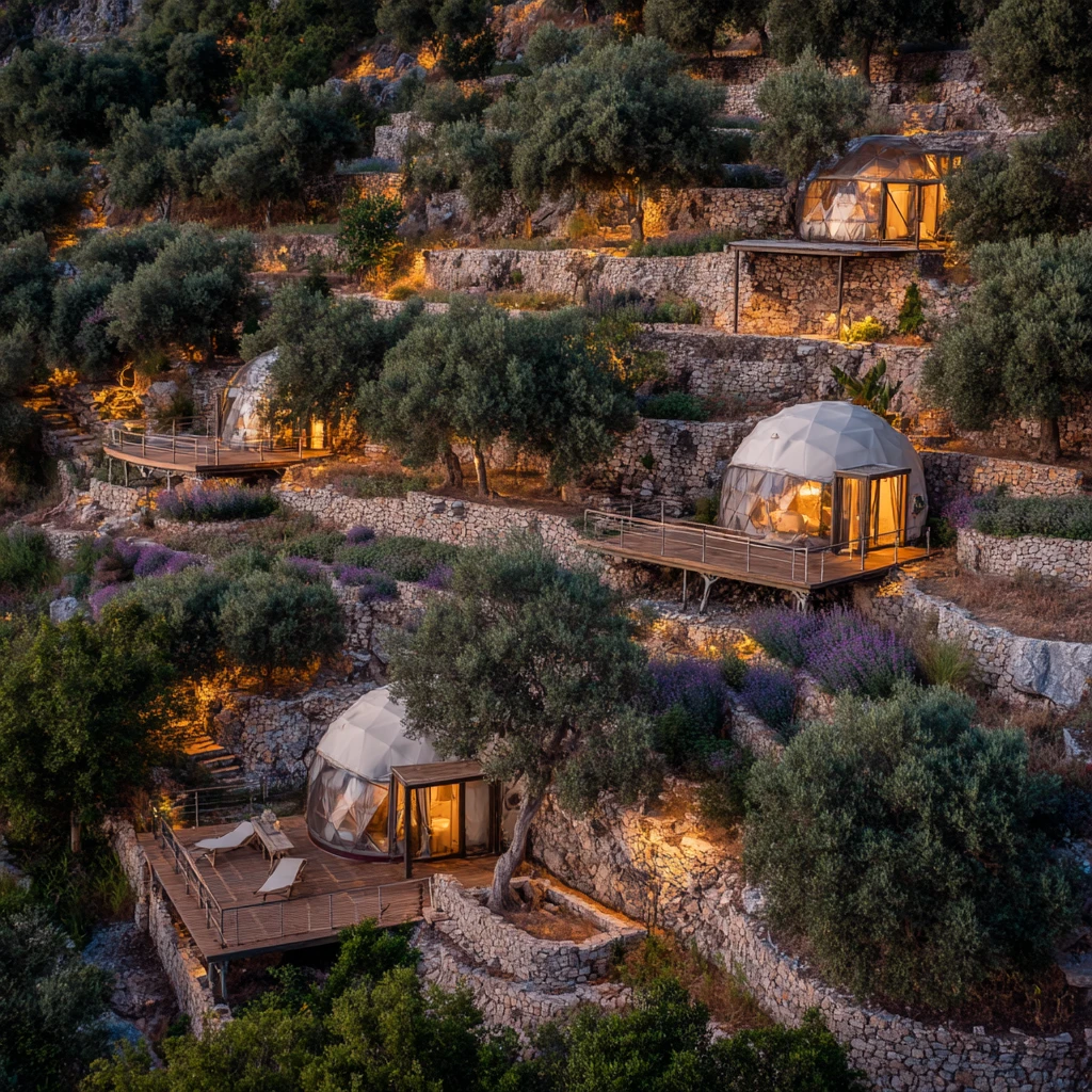 Domos geodésicos de Natur-Lux Hideaway integrados entre olivos al atardecer